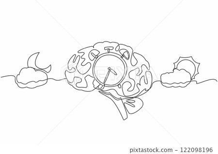 Single one line drawing alarm clock in the middle of the brain with cloudy sun and cloudy crescent moon. Natural biological rhythms. Biological Clock Day. Continuous line design graphic illustration Single one line drawing alarm clock in the middle of the brain with cloudy sun and cloudy crescent moon. Natural biological rhythms. Biological Clock Day. Continuous line design graphic illustration 122098196