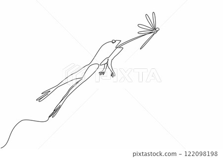 Continuous one line drawing frog jumping with tongue sticking out to prey on dragonfly. Natural response. Hungry. Attempt to get food. Save The Frogs Day. Single line draw design vector illustration Continuous one line drawing frog jumping with tongue sticking out to prey on dragonfly. Natural response. Hungry. Attempt to get food. Save The Frogs Day. Single line draw design vector illustration 122098198