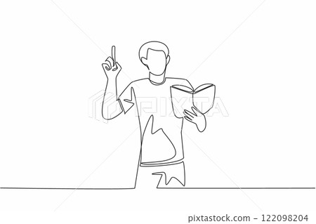 Single one line drawing a man standing reading a book or poem in an attractive pose. Practice before the performance. Gesture. Great Poetry Reading Day. Continuous line design graphic illustration Single one line drawing a man standing reading a book or poem in an attractive pose. Practice before the performance. Gesture. Great Poetry Reading Day. Continuous line design graphic illustration 122098204