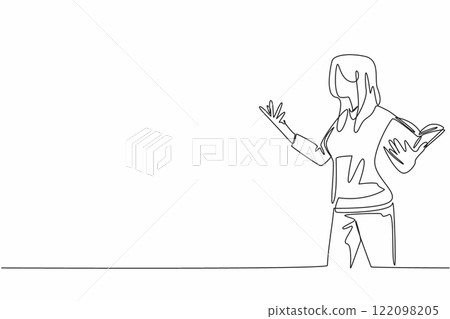Single continuous line drawing woman in casual clothes reading a book or poetry in attractive pose. Practice seriously before performance. Great Poetry Reading Day. One line design vector illustration 122098205