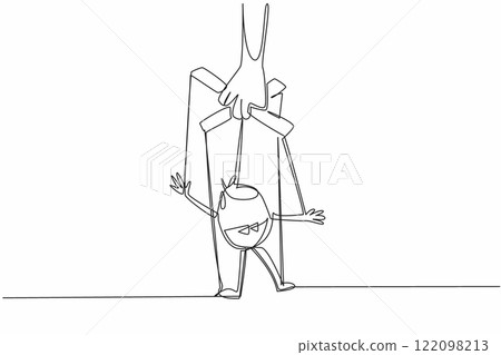 Single one line drawing hand holding hand puppet of an employee or a politician. A satirical performance. Folk entertainment. National Day of Puppetry. Continuous line design graphic illustration Single one line drawing hand holding hand puppet of an employee or a politician. A satirical performance. Folk entertainment. National Day of Puppetry. Continuous line design graphic illustration 122098213