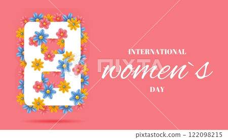 International Womens day 8 march horizontal banner. Greeting design with number 8 and flowers. Flat vector illustration pink colors 122098215