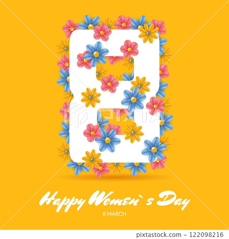 International Womens day 8 march banner. Greeting card with number 8 and flowers. Flat vector illustration. Holiday concept 122098216