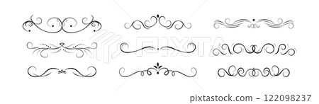 Set of decorative swirls divider. Collection of calligraphic objects for wedding invitation, greeting card, book divider, certificate design. Vector vintage black border elements on white background 122098237