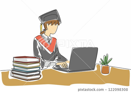 Single one line drawing a woman wearing a graduation gown with hat. Typing on laptop to fill in personal data. Online graduation. National Dissertation Day. Continuous line design graphic illustration Single one line drawing a woman wearing a graduation gown with hat. Typing on laptop to fill in personal data. Online graduation. National Dissertation Day. Continuous line design graphic illustration 122098308