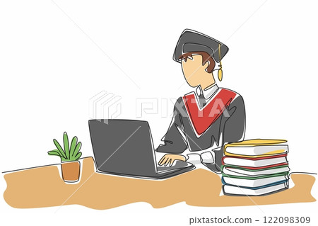 Single continuous line drawing a man wearing a graduation gown complete with a hat. The spirit of working on a dissertation. Graduated. National Dissertation Day. One line design vector illustration Single continuous line drawing a man wearing a graduation gown complete with a hat. The spirit of working on a dissertation. Graduated. National Dissertation Day. One line design vector illustration 122098309