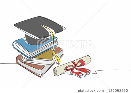 Continuous one line drawing some books stacked and on top of them is a graduation hat. Graduation symbol. Learning intelligence. National Dissertation Day. Single line draw design vector illustration Continuous one line drawing some books stacked and on top of them is a graduation hat. Graduation symbol. Learning intelligence. National Dissertation Day. Single line draw design vector illustration 122098310