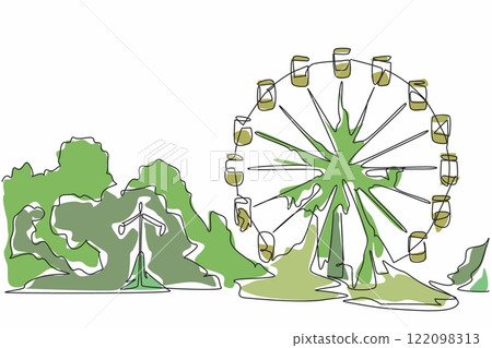 Continuous one line drawing broken and neglected ferris wheel in the amusement park. A place without civilization. International Chernobyl Remembrance Day. Single line draw design vector illustration 122098313