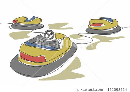 Single one line drawing some bumper cars that are damaged and not maintained. A miserable place. Not feasible. International Chernobyl Remembrance Day. Continuous line design graphic illustration Single one line drawing some bumper cars that are damaged and not maintained. A miserable place. Not feasible. International Chernobyl Remembrance Day. Continuous line design graphic illustration 122098314