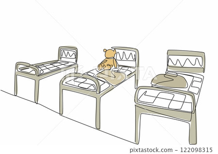 Single continuous line drawing old room with iron beds lined up and a broken doll. A room abandoned by tragedy. Gripping. International Chernobyl Remembrance Day. One line design vector illustration 122098315