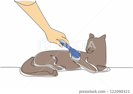 Continuous one line drawing cat lying down and being combed by animal brush. Caring with tenderness. Best care. Grooming. National Hairball Awareness Day. Single line draw design vector illustration 122098321