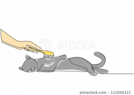 Single one line drawing hand combing a sleeping cat with an animal comb. Simple care that requires patience. Concern. National Hairball Awareness Day. Continuous line design graphic illustration Single one line drawing hand combing a sleeping cat with an animal comb. Simple care that requires patience. Concern. National Hairball Awareness Day. Continuous line design graphic illustration 122098322
