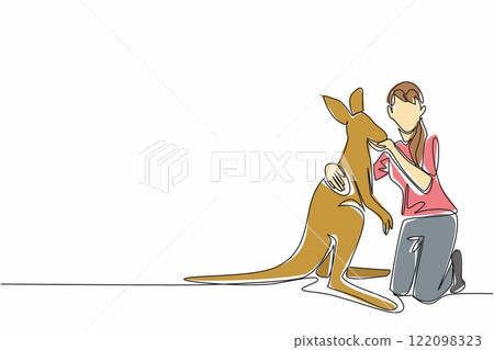 Single one line drawing a woman is crouching and hugging kangaroo. Female tourist takes the opportunity to hug a kangaroo. Activity. Hug an Australian Day. Continuous line design graphic illustration Single one line drawing a woman is crouching and hugging kangaroo. Female tourist takes the opportunity to hug a kangaroo. Activity. Hug an Australian Day. Continuous line design graphic illustration 122098323