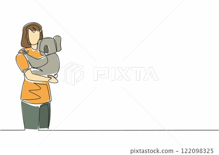 Single continuous line drawing a woman in casual clothes hugging a koala. Animals that have cute and adorable looks. Sleeping on a treetop. Hug an Australian Day. One line design vector illustration Single continuous line drawing a woman in casual clothes hugging a koala. Animals that have cute and adorable looks. Sleeping on a treetop. Hug an Australian Day. One line design vector illustration 122098325