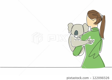 Continuous one line drawing a woman in casual clothes is holding a koala. Cute and adorable tame animals. Capture holiday moments. Hug an Australian Day. Single line draw design vector illustration Continuous one line drawing a woman in casual clothes is holding a koala. Cute and adorable tame animals. Capture holiday moments. Hug an Australian Day. Single line draw design vector illustration 122098326