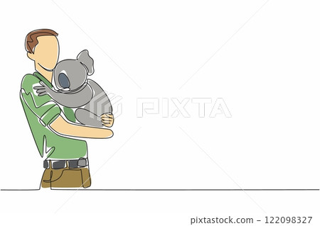 Single continuous line drawing a man in casual clothes carrying a koala. a man in casual clothes carrying a koala. Pampering with humans. Hug an Australian Day. One line design vector illustration Single continuous line drawing a man in casual clothes carrying a koala. a man in casual clothes carrying a koala. Pampering with humans. Hug an Australian Day. One line design vector illustration 122098327