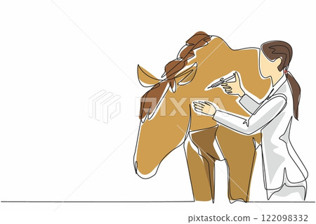 Single one line drawing female veterinarian is injecting a horse in the neck. Injecting multivitamins for a speedy recovery. National Help A Horse Day. Continuous line design graphic illustration 122098332