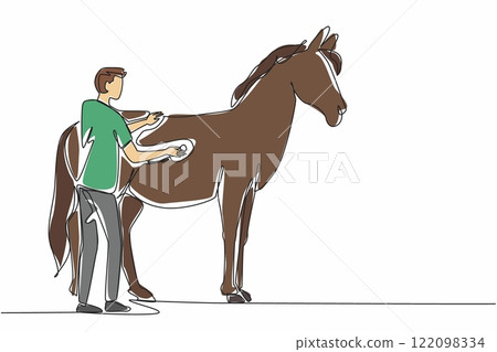 Continuous one line drawing a horse being examined using a stethoscope on its abdomen. Make sure there are no wounds inside. National Help A Horse Day. Single line draw design vector illustration 122098334
