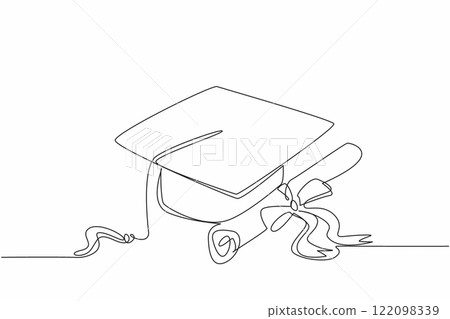 Single one line drawing graduation hat and ribbon graduation paper roll. Certificate of graduation. Best achievement. Satisfying. National Dissertation Day. Continuous line design graphic illustration 122098339