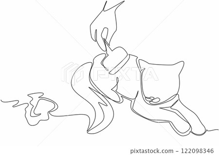 Continuous one line drawing the cat being combed by a fur brush. Prevention of swallowed hairballs. Take care with care. National Hairball Awareness Day. Single line draw design vector illustration Continuous one line drawing the cat being combed by a fur brush. Prevention of swallowed hairballs. Take care with care. National Hairball Awareness Day. Single line draw design vector illustration 122098346