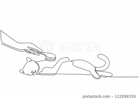 Single one line drawing hand combing a sleeping cat with an animal comb. Simple care that requires patience. Concern. National Hairball Awareness Day. Continuous line design graphic illustration Single one line drawing hand combing a sleeping cat with an animal comb. Simple care that requires patience. Concern. National Hairball Awareness Day. Continuous line design graphic illustration 122098350