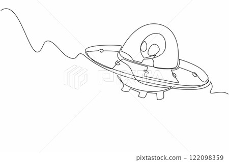 Single continuous line drawing alien riding a ufo. Flying saucer. Long and tiring journey in space. Preparing to invade. Need a place to stop. Fantasy. Alien Day. One line design vector illustration Single continuous line drawing alien riding a ufo. Flying saucer. Long and tiring journey in space. Preparing to invade. Need a place to stop. Fantasy. Alien Day. One line design vector illustration 122098359
