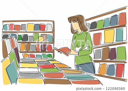 Single continuous line drawing woman in casual clothes is reading a book in a bookstore. Visiting a newly opened bookstore. Education. Independent Bookstore Day. One line design vector illustration Single continuous line drawing woman in casual clothes is reading a book in a bookstore. Visiting a newly opened bookstore. Education. Independent Bookstore Day. One line design vector illustration 122098360
