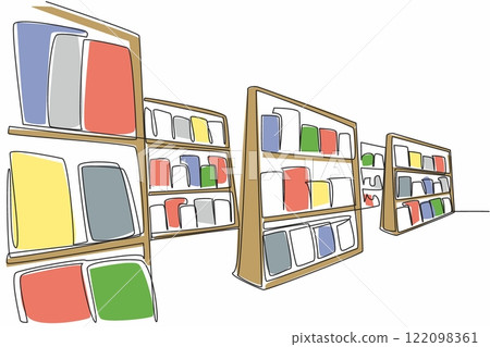 Single one line drawing the interior of the bookstore consists of several shelves. Premium bookstore. Complete number of books. Independent Bookstore Day. Continuous line design graphic illustration Single one line drawing the interior of the bookstore consists of several shelves. Premium bookstore. Complete number of books. Independent Bookstore Day. Continuous line design graphic illustration 122098361