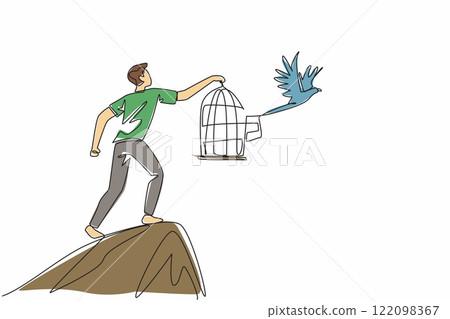 Continuous one line drawing man in casual clothes stood on hill releasing birds. Struggle to high ground to release into the wild. National Go Birding Day. Single line draw design vector illustration 122098367