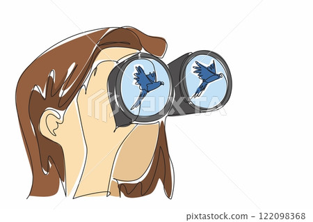 Single one line drawing a woman holds a binocular with one of her hands and watches a parrot fly. Observing the way of flying. National Go Birding Day. Continuous line design graphic illustration 122098368
