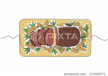 Continuous one line drawing prime rib and some cut into small slices and some fried potato wedges. High protein dish. Delicious. National Prime Rib Day. Single line draw design vector illustration 122098371