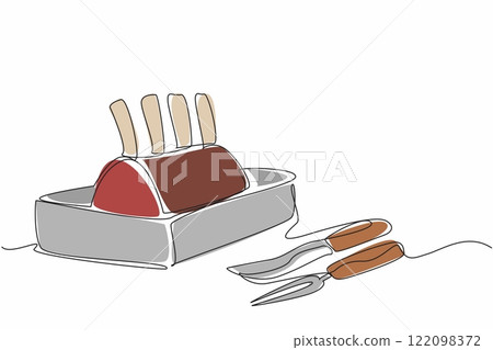 Single continuous line drawing prime rib with bones still on in a square pan. High protein dinner. Arouse hunger faster. True deliciousness. National Prime Rib Day. One line design vector illustration 122098372