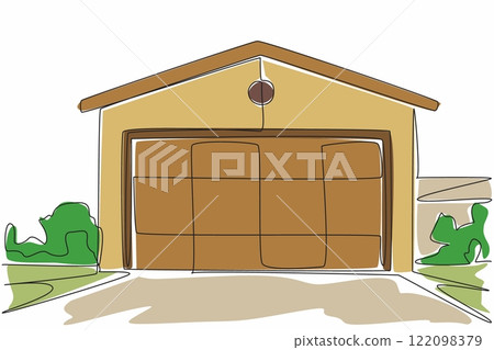 Continuous one line drawing car garage seen from the front. Very neat and clean. Classic and elegant. Clean personality of car owner. National Garage Day. Single line draw design vector illustration 122098379
