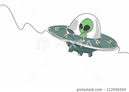 Single continuous line drawing alien riding a ufo. Flying saucer. Long and tiring journey in space. Preparing to invade. Need a place to stop. Fantasy. Alien Day. One line design vector illustration 122098384