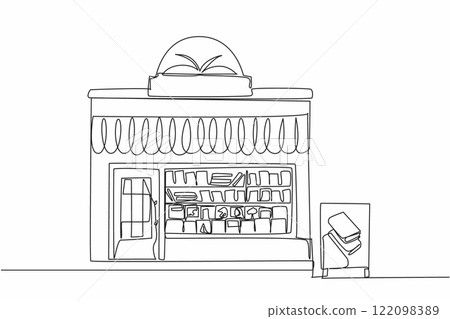 Continuous one line drawing small bookstore seen from outside. Newly started independent business. Influencing reading interest. Independent Bookstore Day. Single line draw design vector illustration 122098389