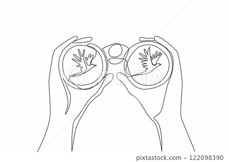 Single one line drawing two hands holding binoculars watching flying birds. Observing animal behavior in the wild. Discovery. National Go Birding Day. Continuous line design graphic illustration 122098390
