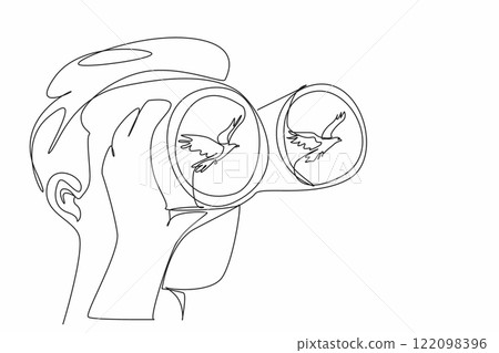 Single one line drawing a man holds binoculars with one of hands and watches an eagle fly. Observing how to prey on prey animals. National Go Birding Day. Continuous line design graphic illustration 122098396