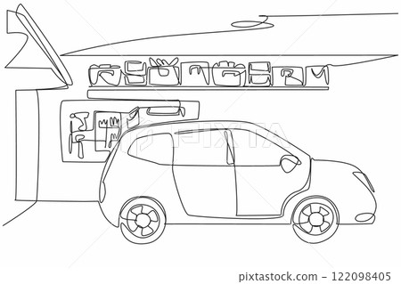 Single continuous line drawing the interior of the car garage and workshop equipment are attached to the wall. Owner preparedness. Organized. National Garage Day. One line design vector illustration 122098405