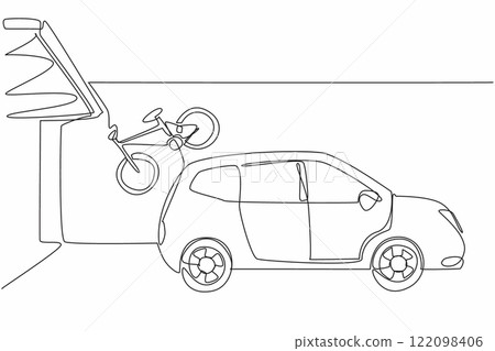 Single one line drawing the interior of the garage with cars and bikes hanging on the wall. Neatness for ease. Keep fit by cycling. National Garage Day. Continuous line design graphic illustration 122098406