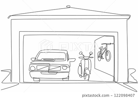 Continuous one line drawing car garage seen from the front. Several vehicles were parked neatly and perfectly. Clean garage. Organized. National Garage Day. Single line draw design vector illustration Continuous one line drawing car garage seen from the front. Several vehicles were parked neatly and perfectly. Clean garage. Organized. National Garage Day. Single line draw design vector illustration 122098407