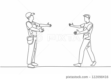 Single one line drawing the man wants to hug a male plumber. Warm thank you. Fix in a flash. Hard working professional. Embrace. National Hug A Plumber Day. Continuous line design graphic illustration 122098416
