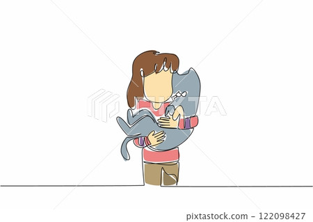 Single one line drawing girl holding cat. The close friendship between humans and their beloved cats. Cared for with love. National Kids and Pets Day. Continuous line design graphic illustration 122098427