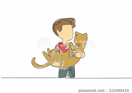 Continuous one line drawing boy holding cat. A positive attitude and gesture that is contagious to animals. Close friendship. National Kids and Pets Day. Single line draw design vector illustration 122098428