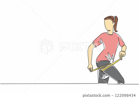 Single continuous line drawing a woman shaves her thighs with a measuring tape wrapped around her thighs. Exercises to tone thigh muscles. Love Your Thighs Day. One line design vector illustration 122098434