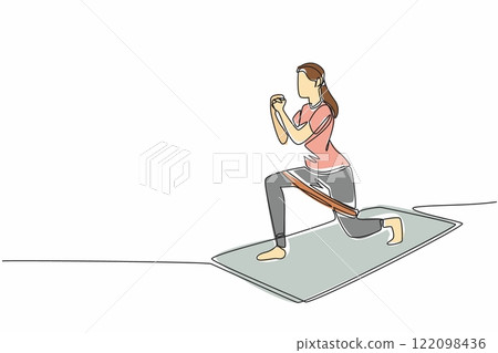 Continuous one line drawing a woman exercising on a training mat doing movements with a resistance band on her thighs. Light steps. Love Your Thighs Day. Single line draw design vector illustration 122098436