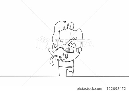 Single one line drawing girl holding cat. The close friendship between humans and their beloved cats. Cared for with love. National Kids and Pets Day. Continuous line design graphic illustration 122098452