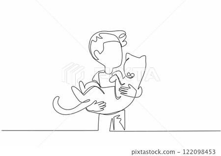 Continuous one line drawing boy holding cat. A...-插圖素材 [122098453 ...