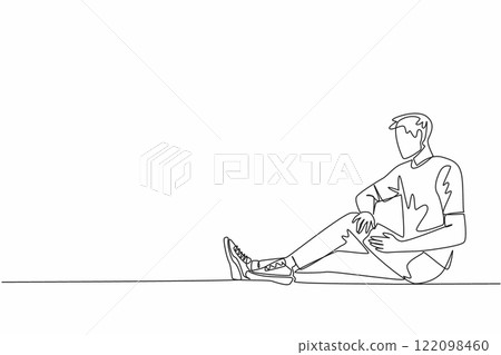 Continuous one line drawing a man sitting on the floor holding his thighs. Sports beyond the threshold. Thigh injury. Bear the pain. Love Your Thighs Day. Single line draw design vector illustration Continuous one line drawing a man sitting on the floor holding his thighs. Sports beyond the threshold. Thigh injury. Bear the pain. Love Your Thighs Day. Single line draw design vector illustration 122098460