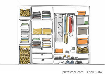 Single continuous line drawing wardrobe with several compartments containing boxes made of woven rattan. Arrange contents of the cupboard neatly. Get Organized Day. One line design vector illustration Single continuous line drawing wardrobe with several compartments containing boxes made of woven rattan. Arrange contents of the cupboard neatly. Get Organized Day. One line design vector illustration 122098467