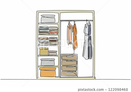 Continuous one line drawing wardrobe with several compartments containing piles of clothes and boxes. Walk in closet in corner of room. Get Organized Day. Single line draw design vector illustration 122098468